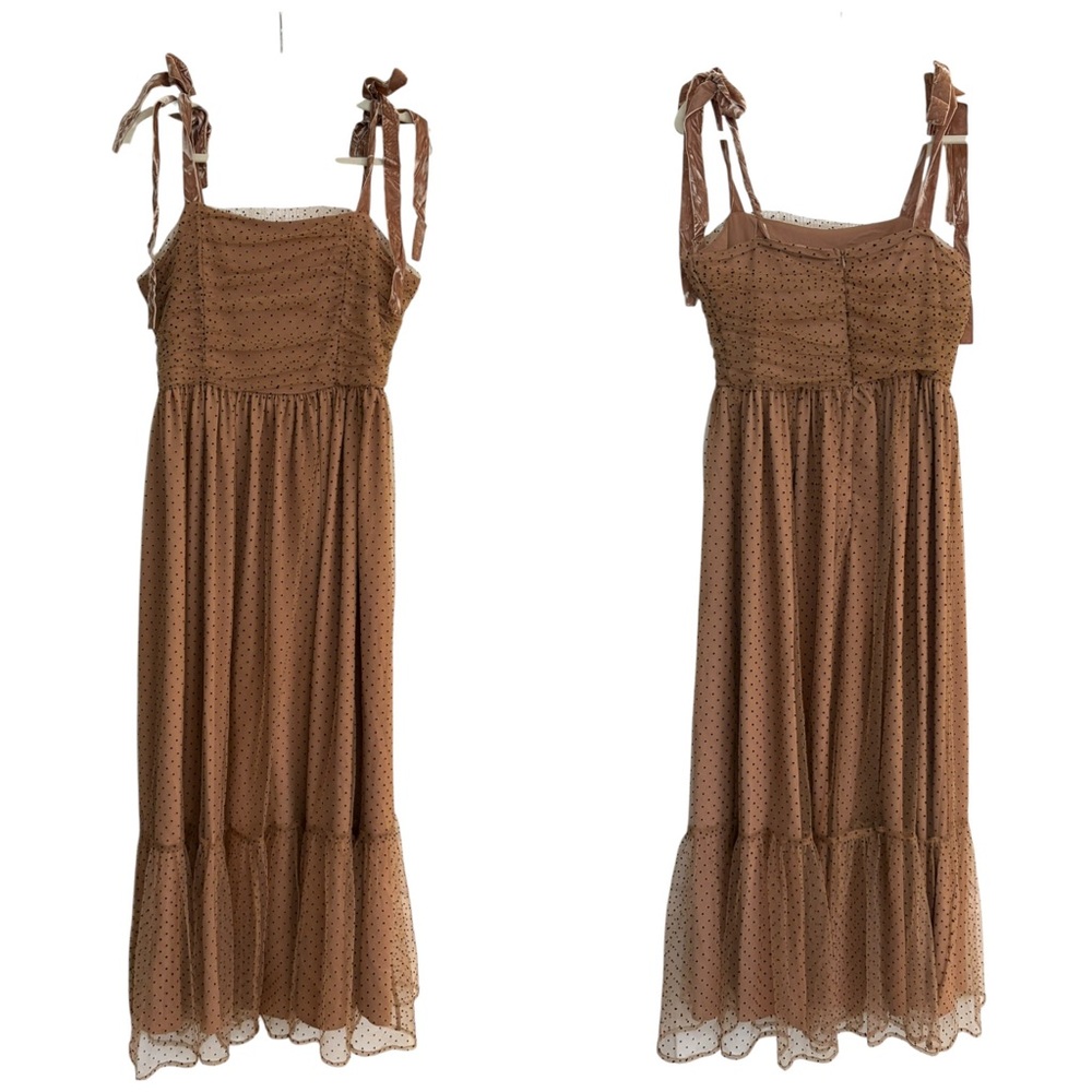 Entro Camel Polka Dotted Mesh Overlay Shoulder Tie Maxi Dress Medium Fairycore - Picture 7 of 16